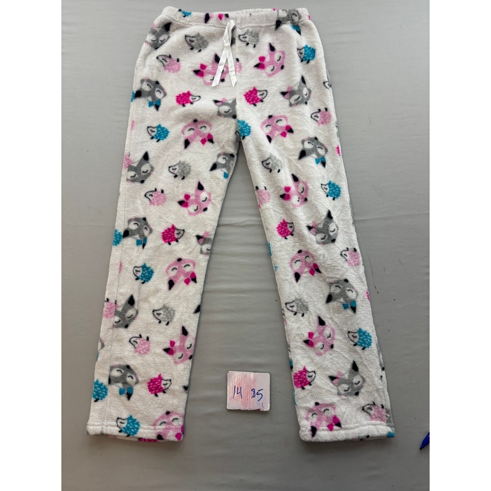 Fleece Pajama Pants Medium Pink Grey Fox Hedgehog Print Plush Sleepwear Lounge